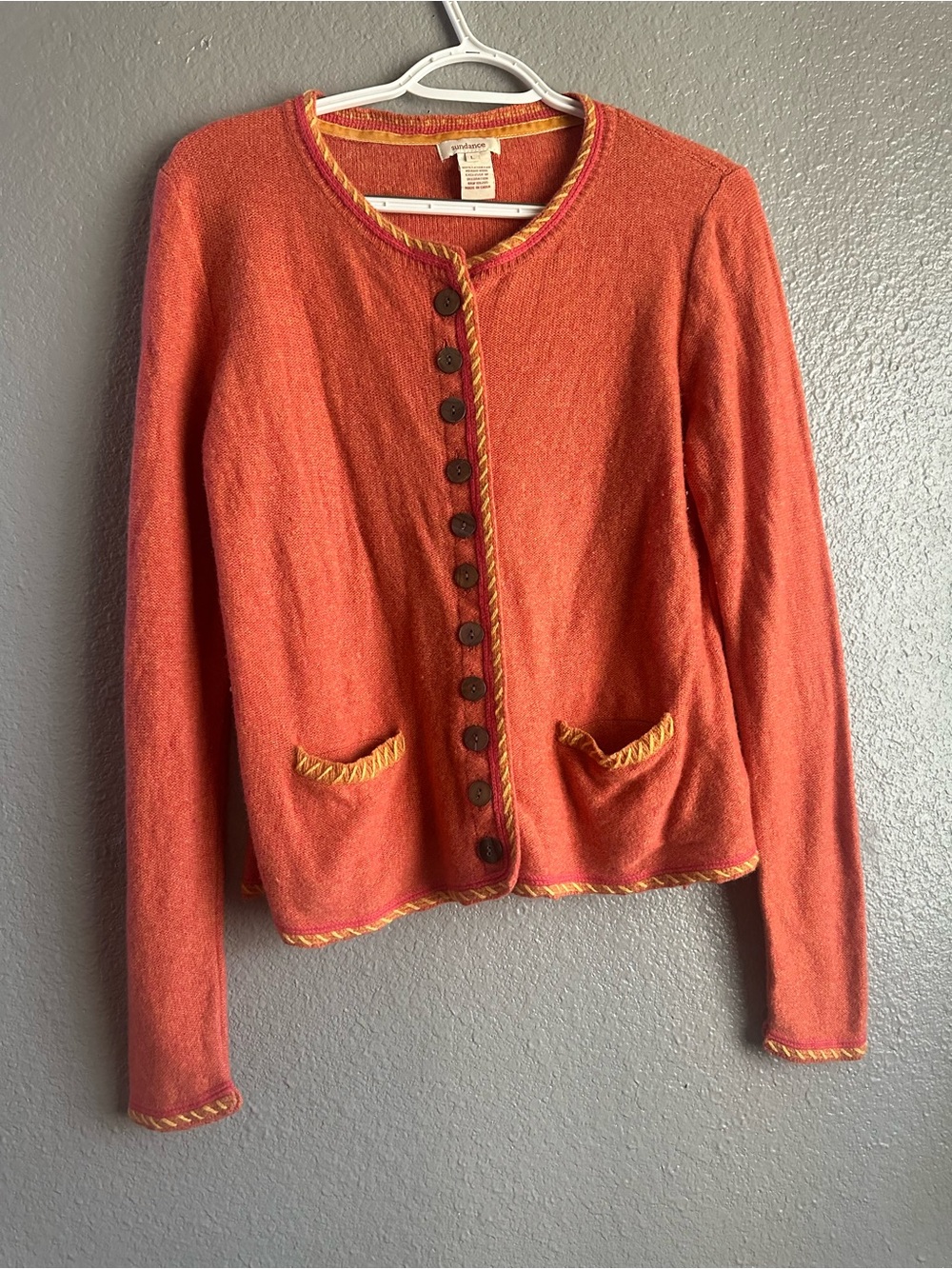 Sundance Orange Wool-Blend Button Cardigan with Yellow Trim